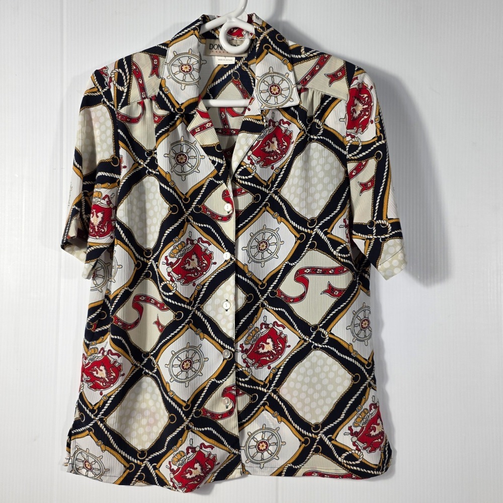Donnkenny Classics Nautical Chain Print Button Up Blouse Navy Red Gold Small - Picture 2 of 10
